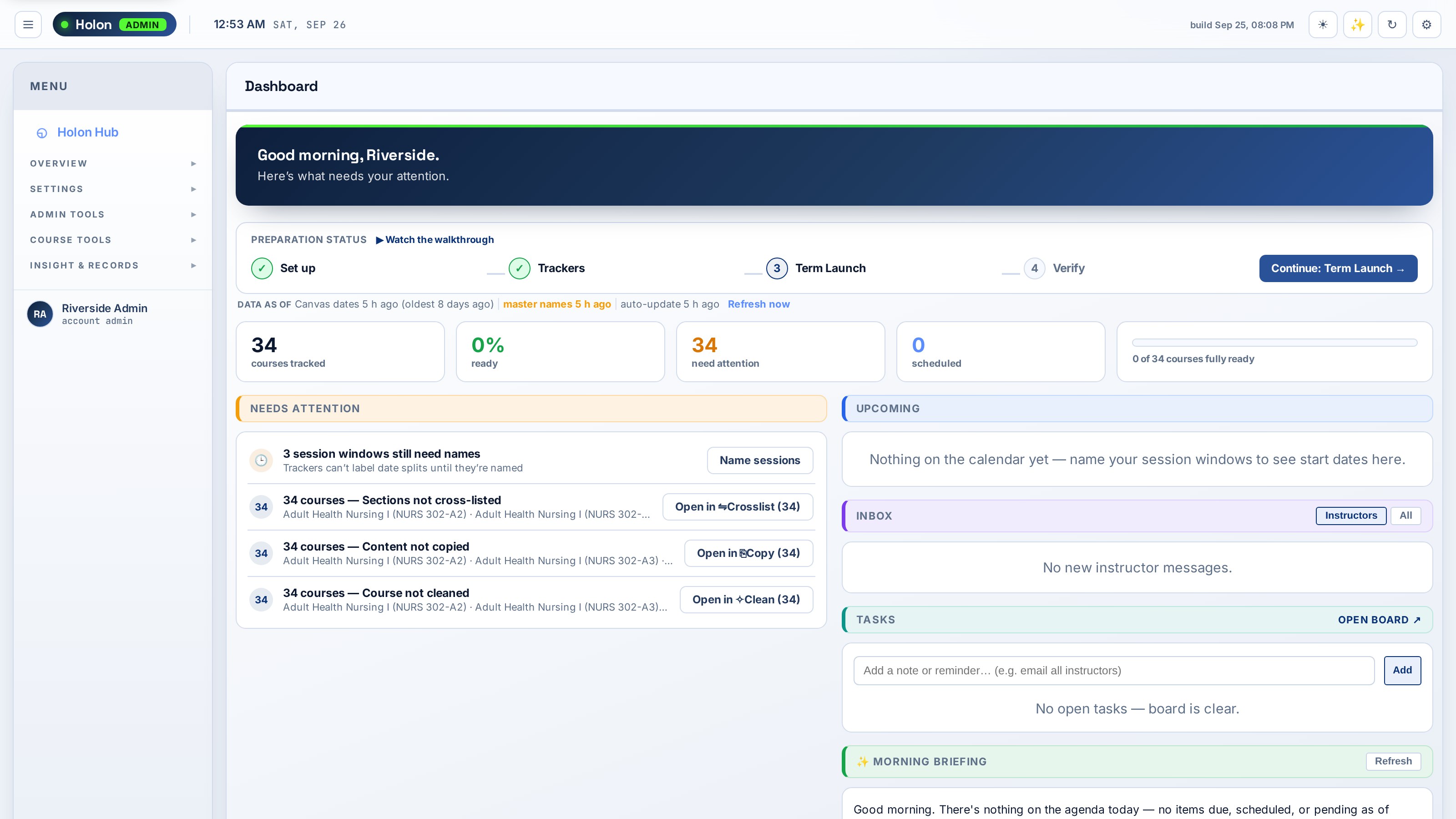 Holon Admin dashboard showing term readiness by course